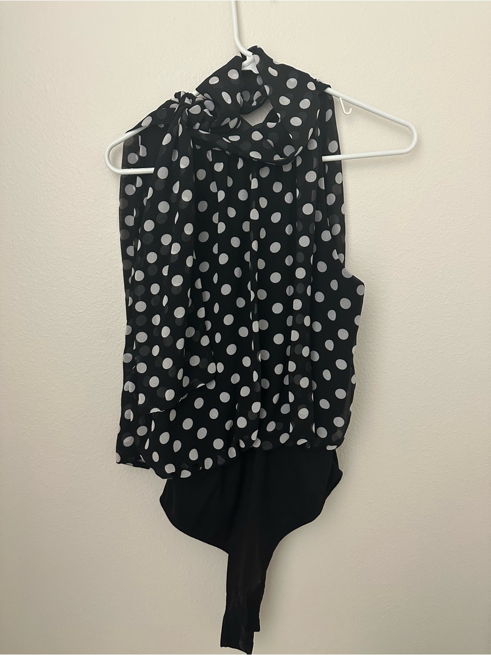 Cider Black and White Polka Dot Tie-Neck Sleeveless Bodysuit